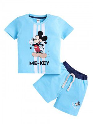 LITTLE NINJA Pure Cotton Knee Length Half Sleeve Mickey Mouse Printed Tee & Shorts Set - Sky 0-6M