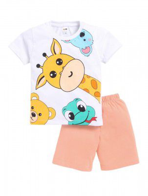LITTLE NINJA Pure Cotton Knee Length Half Sleeve Giraffee Printed Tee & Shorts Set - Yellow 0-6M