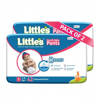 Littles Baby Pants Diapers with Wetness Indicator & 12 Hours Absorption, Small, White, 4 - 8 kg, 84 Count