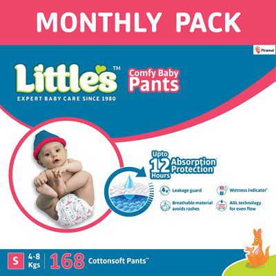 Littles Baby Pants Diapers with Wetness Indicator and 12 Hours Absorption, Small (S), 4 - 8 kg, 168 Count