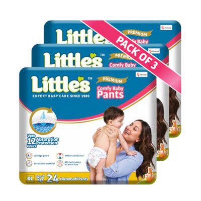 Little's Comfy Baby Pants Diapers with Wetness Indicator and 12 Hours Absorption |Extra Large| Pack of 72 Diapers, White