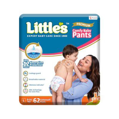 Little's Premium Baby Diapers L Size (Large) Pants Style | 9-14 kg | 62 Count - Pack of 1
