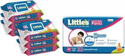 Little's Soft Cleansing Baby Wipes Lid, 80 Wipes (Pack of 6) & Baby Diapers, Medium (M), 7-12 kg, 32 Count