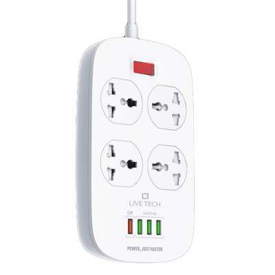 Live Tech PS13 Power Socket 4 USB QC3.0 Smart Charger 5V 3.1A Surge Protector 2 Meter Power Board Extension Cord Spike Guard USB Hub