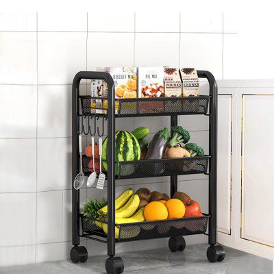 LiveCool Mesh Vegetable Stand Steel, 3 Tier Onion Potato Rack for Storage, Metal Kitchen Trolley with Wheels, Trolley Rack, Black (KT02-B3)