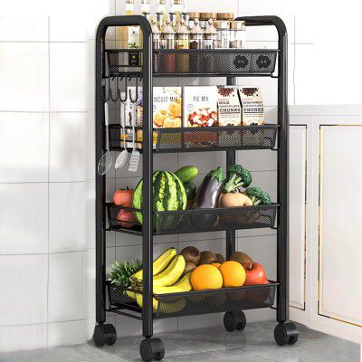 LiveCool Mesh Vegetable Stand Steel, 4 Tier Onion Potato Rack for Storage, Metal Kitchen Trolley with Wheels, Trolley Rack, Black (KT02-B4)