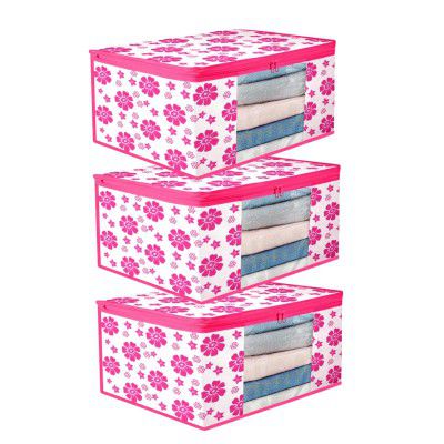 Livello Premium Non-Woven Saree Cover for Wardrobe Storage (Pink Flower, Pack of 3)