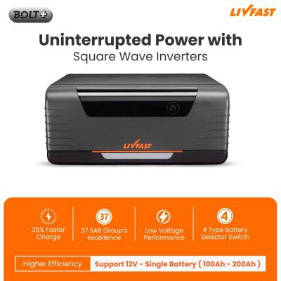 Livfast Bolt+ 600VA 12V Square Wave Inverter with 25% Faster Charging Ideal for Home, Office and Shop with 3 Years Warranty | Supports 1 Inverter Battery of 12V