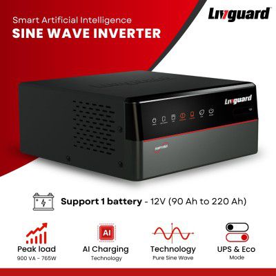 Livguard Sineverter Pro 900VA/12V Pure Sine Wave Inverter for Home, Office and Small Shops, Inverter with Smart Artificial Intelligence with 30 Months Warranty | Supports 1 Battery