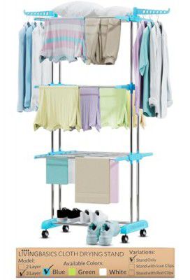 LIVINGBASICS 3 Tier Premium Heavy Duty Stainless Steel Foldable Cloth Drying Stand/Clothes Stand - Indoor/Balcony (Cyan Blue)