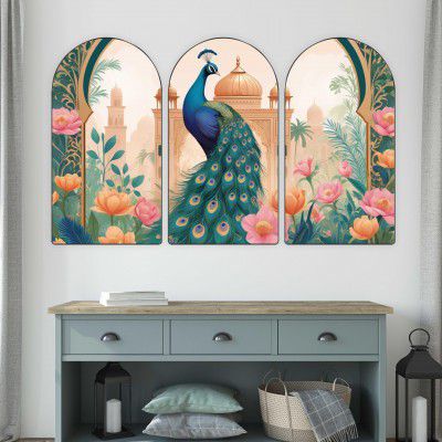 Livin'luxe Set of 3 Peacock Lotus Palace 3 Panel Wall Art | Elegant Multicolor Floral Canvas | 50 inch x 30 inch RPNL-05