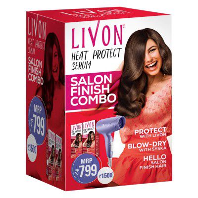 Livon Heat Protect Serum,For Protection Upto 250°C, 2X Less Hair Breakage & SYSKA Hair Dryer, Pack of 2 Serums Each 100 ml