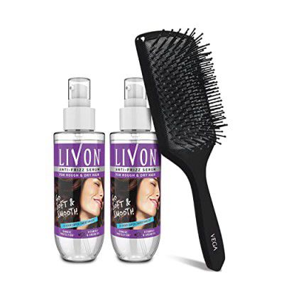 Livon Serum for Dry and Rough Hair,100 ml (Pack of 2) with Vega Hair Brush