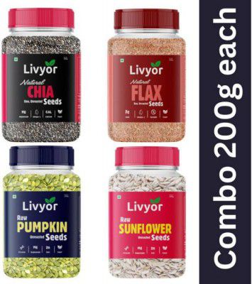 LIVYOR Raw Chia, Flax, Pumpkin, Sunflower Combo for Weight Loss Mix Seeds for eating Chia Seeds, Brown Flax Seeds, Pumpkin Seeds, Sunflower Seeds  (800 g, Pack of 4)