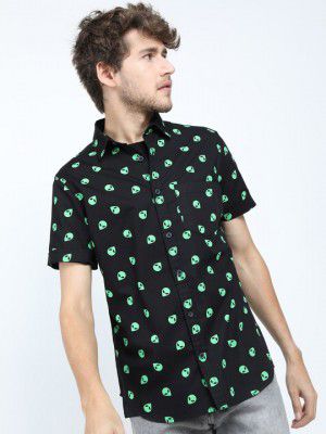 LOCO MOTIVE Men Black Slim Fit Printed Cotton Casual Shirt