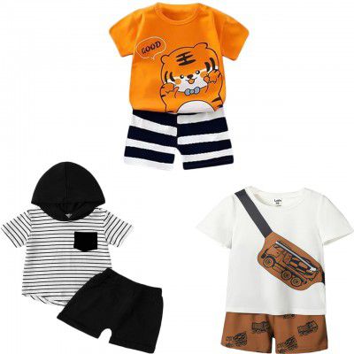 Lofn Cotton Clothing Sets for Baby Boys & Baby Girls Printed Kids Clothing Sets - Unisex Clothing sets Half sleeve T-Shirt & Shorts Pack Of 3 (T84OR-T70WH-T83CP)