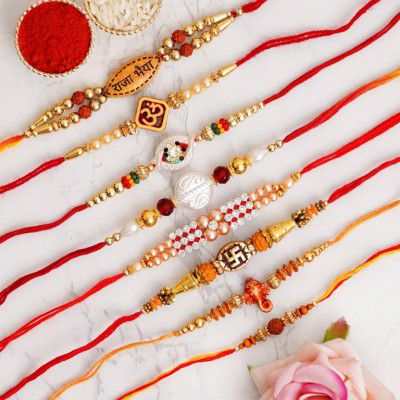 Lomoniya  Designer Fancy Rakhi Combo Mauli Thread Chawal Roli Pack, Rakhi Set  (8 Rakhi Set With Roli Chawal)