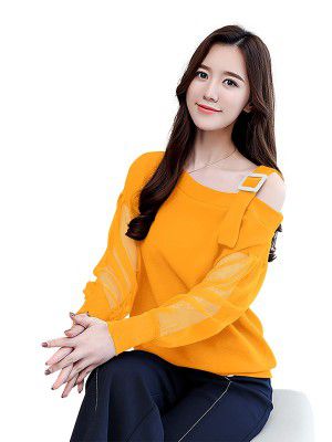 LONDON BELLY Women's Regular Fit Solid Full Sleeves One Side Off-Shoulder Tunic Top