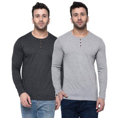 London Hills Men Solid Full Sleeve Cotton Blend Round Neck Regular Fit T-Shirt (Pack Of 2)