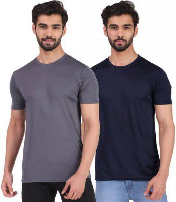 London Hills Pack of 2 Men Solid Round Neck Polyester Dark Blue, Grey T-Shirt