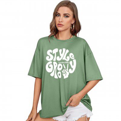 London Hills Women's Casual Printed Round Neck, Oversized Longline Drop Shoulder Boho Style T-Shirt