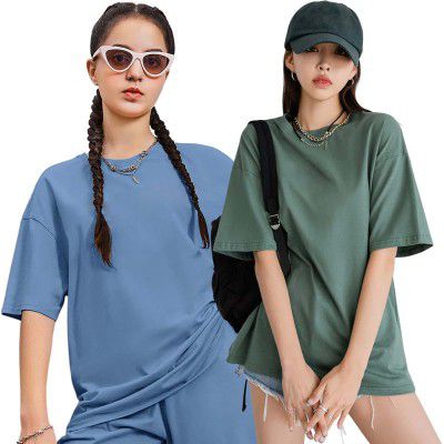 London Hills Women's Casual Round Neck Solid, Oversized Drop Shoulder Regular Fit T-Shirt Pack Of 2