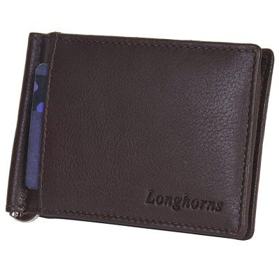LONGHORNS Genuine Leather Money Clip Wallet with RFID Protection and Card Holder Slots-Brown