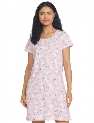 Longies Women's Knee Length Knit Cotton Nighty Regular Nightgown (LGLKNWWV001_Pink010_L)