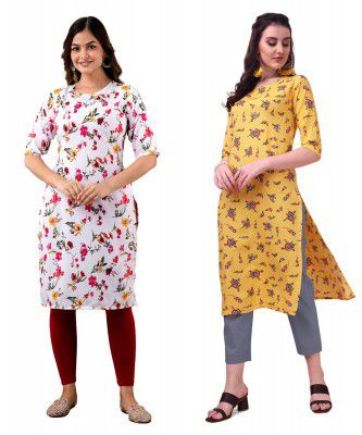 LookMark Womens Crepe White & Yellow Color 3/4 Sleeve Straight Printed Kurta | Kurti Combo Pack of 2