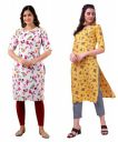 LookMark Womens Crepe White & Yellow Color 3/4 Sleeve Straight Printed Kurta | Kurti Combo Pack of 2...