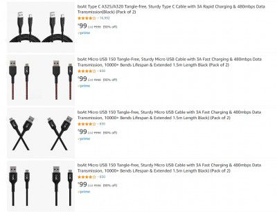 Loot | boAt Pack of 2 Cables @ ₹99