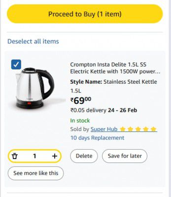 LOOT | Crompton Insta Delite 1.5L SS Electric Kettle at Rs 69