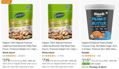 Big Loot Happilo Peanut Butter 6.1kg + Almonds 1.5 Kg @ ₹1115