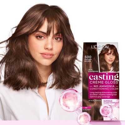 L'Oréal Paris Casting Crème Gloss Hair Color With Glycolic Gloss Complex | Shade 500 - Medium Brown | 60g + 40ml + 60g