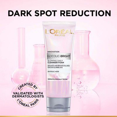 LOréal Paris Glycolic Bright Daily Foaming Face Cleanser - 50ml | Glycolic Acid Face Wash for Dull Skin