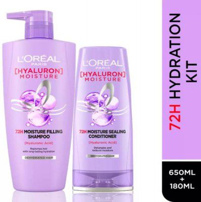 LOréal Paris Hyaluron Moisture Shampoo 650ml + Conditioner 180ml Combo for 72HR Hydrated Hair (2 Items in the set)