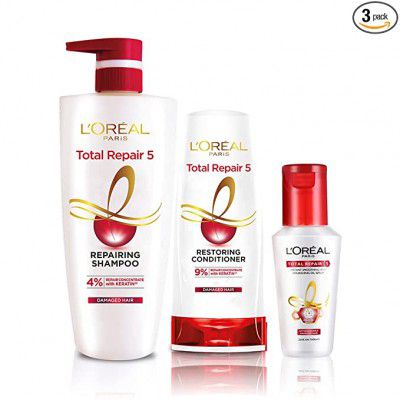 LOréal Paris Shampoo 640ml + Conditioner 175ml + Serum 40ml, For Damaged and Weak Hair, With Pro-Keratin + Ceramide, Total Repair 5, Bundle pack