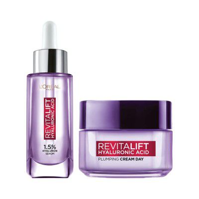 LOreal Paris Skincare Routine, Hydrated, Plump Skin Combo, With Hyaluronic Acid, Revitalift Hyaluronic Acid Serum, 15ml + Hyaluronic Acid Plumping Day Cream, 15ml