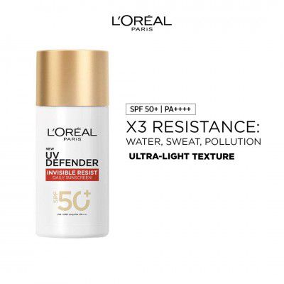 L'Oreal Paris Uv Defender Invisible Resist Daily Sunscreen Spf50+ Pa++++ 50Ml |All Skin Lightweight, Waterproof, Sweatproof & Protects From Pollution