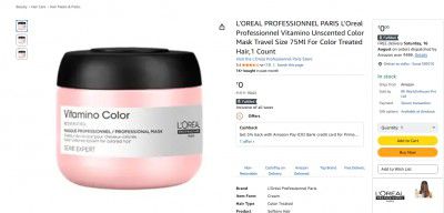 L'OREAL PROFESSIONNEL PARIS L'Oreal Professionnel Vitamino Unscented Color Mask Travel Size 75Ml For Color Treated Hair,1 Count