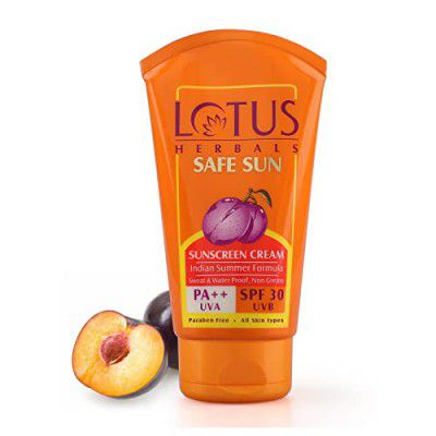 Lotus Safe Sun Sunblock SPF 30 PA++| Black Plum Extract| Suitable for Indian Summers, water proof, sweat proof, non greasy| Suitable for all skin types| 50g