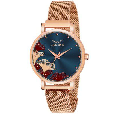 LOUIS DEVIN Rose Gold Plated Mesh Chain Analog Wrist Watch for Women (Black/Blue/Rose Gold Dial) | RG162