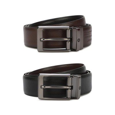 Louis Philippe Men Textured Reversible Formal Italian Leather with Matt Gun Metal Buckle Belt