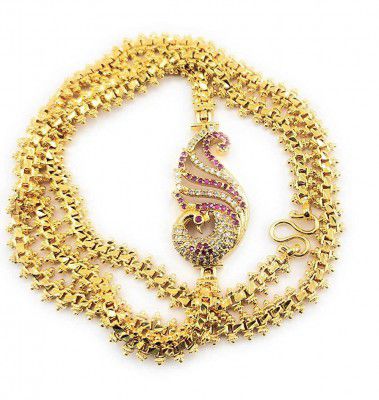 LOVELY DREAMS 1 Gram Micro Copper & Gold Plated American Diamond Traditional Designer Mugappu Gold Chain for Women & Girls(MC-1049)