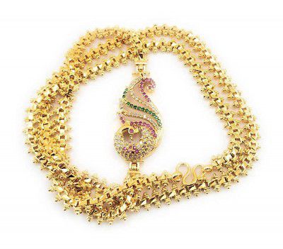 LOVELY DREAMS 1 Gram Micro Copper & Gold Plated American Diamond Traditional Designer Mugappu Gold Chain for Women & Girls
