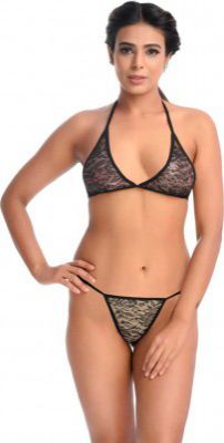 Loverx  Bra & Panty Set Self Design Black Lingerie Set
