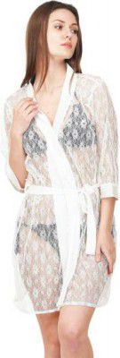 Lovies Women Robe and Lingerie Set  (White)