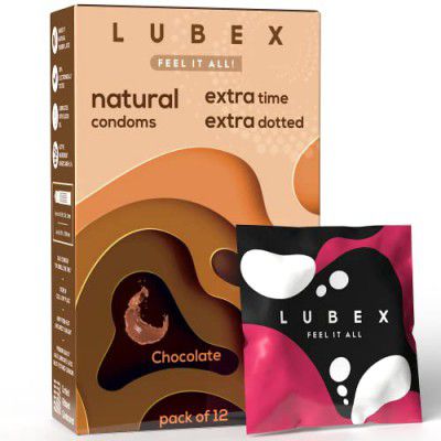 Lubex 6 in 1 Extra Time Condoms with Disposable Bags - Ultra Thin & Extra Dotted - Chocolate Flavour - 12 Condom (Pack of 1)
