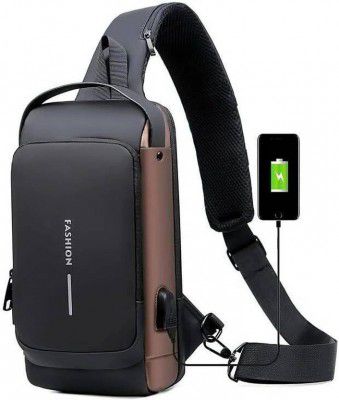 LUHI  Brown Men & Women Sling Bag Sling Bag-Black_Anti-theft Water-Resistant Cross body Bags With USB Charging Bag