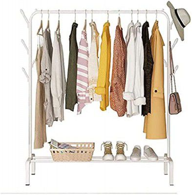 Lukzer Metal Single Garment Stand with Bottom Shelves Clothes Storage Organizer 4 Hooks Coat Rack (White, 40 x 110 x 148 cm/MGS-001)